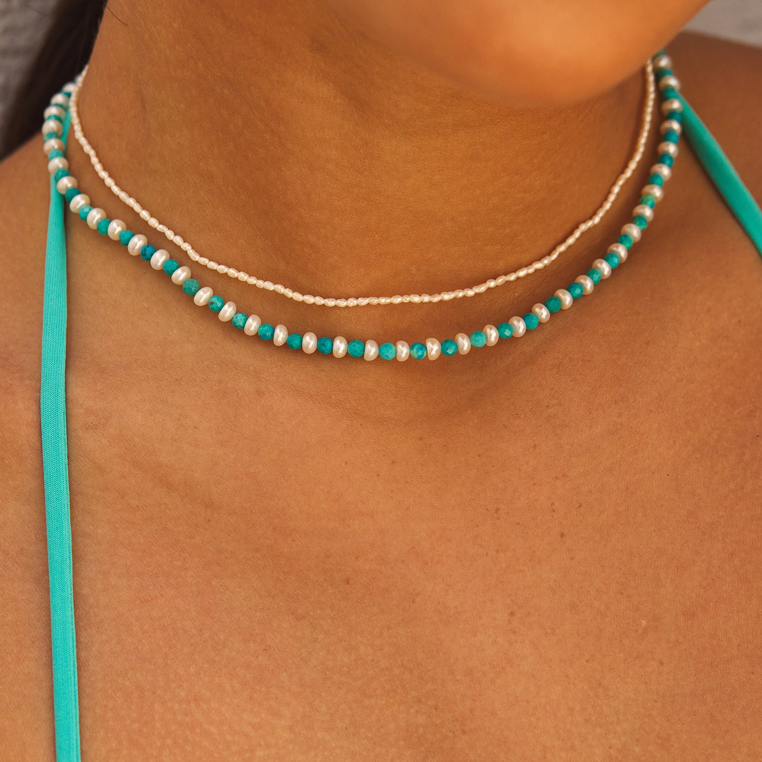 Turquoise Magnesite & Pearl Beaded Necklace