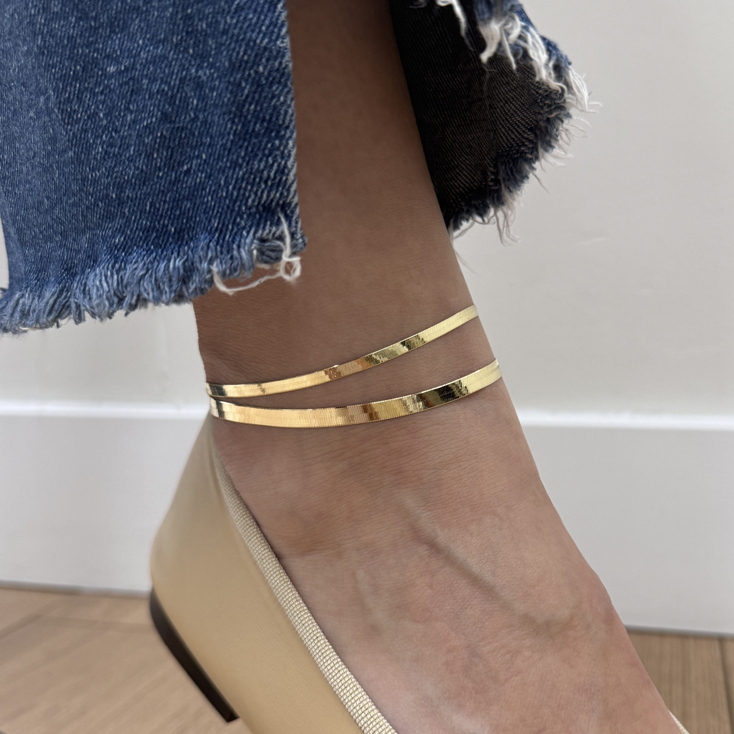 14K Gold Thin Herringbone Anklet 3mm