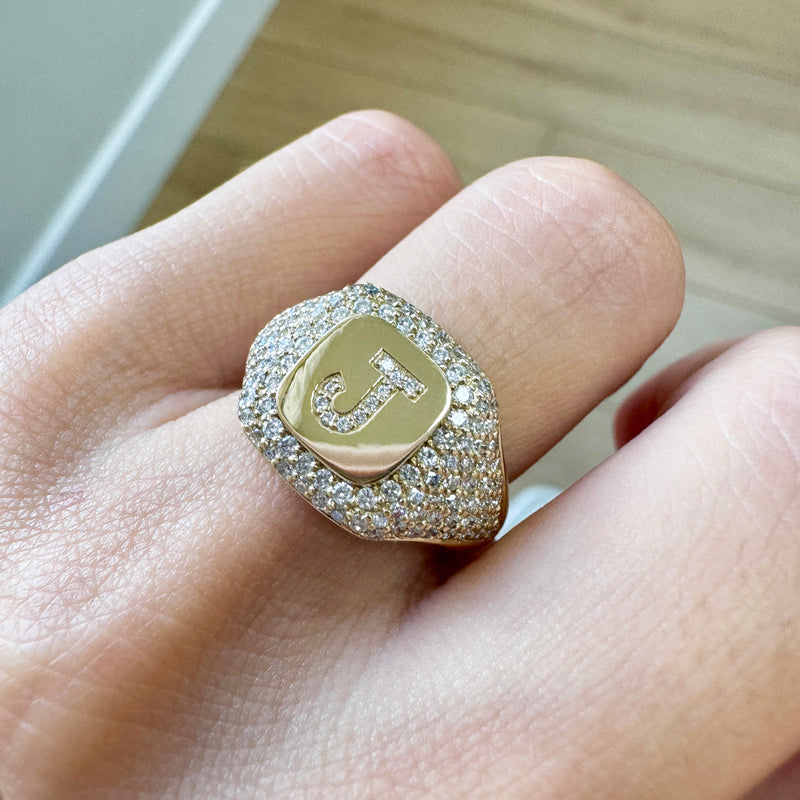 Diamond Pave Initial Signet Ring